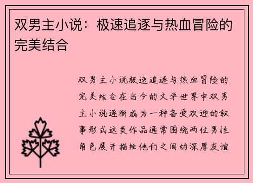 双男主小说：极速追逐与热血冒险的完美结合